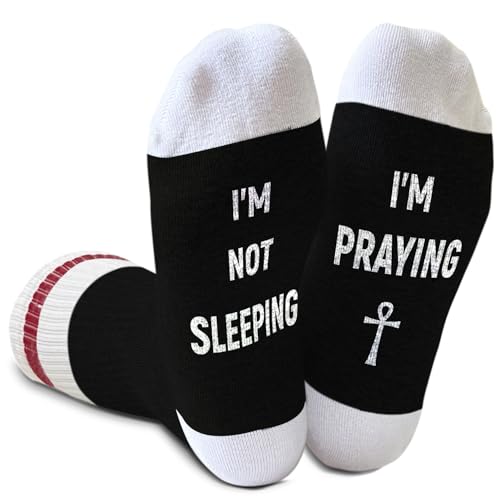 I'm Not Sleeping - Christian Faith Cross Socks Crew Socks, Religious Socks for Adults Teens Prayer, Pastor Gifts - color: Black and White, Red Line