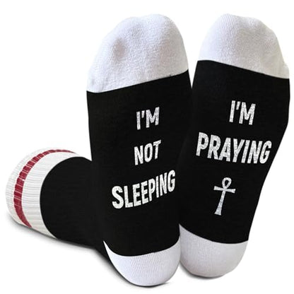 I'm Not Sleeping - Christian Faith Cross Socks Crew Socks, Religious Socks for Adults Teens Prayer, Pastor Gifts - color: Black and White, Red Line
