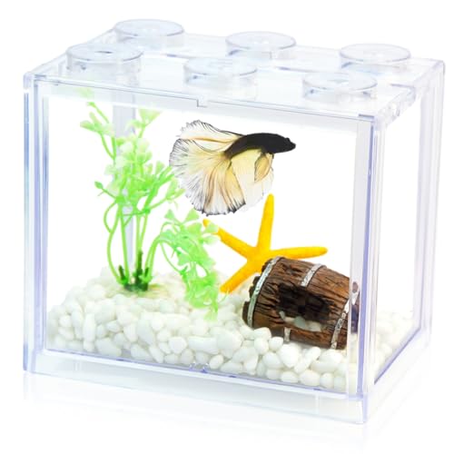 Small Betta Fish Tank, Stackable Mini Fish Tank Tiny Aquarium Tank Kit with Aquarium Gravel & Resin Decorations, 0.6 Gallon Cube Desktop Fishbowl for Snails, Crabs, Starfish (Clear) - color: Clear