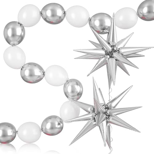Sliver and White Linking Balloons, 6 Inch Quick Link Balloons, 2pcs sliver explosion star foil balloons for Making Wall Arches Chains, for Wedding Anniversary Engagement Birthday Graduation Decoration - color: Sliver and White