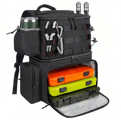 MATEIN Fishing Backpack, Tackle Storage Bag with Rod Holders & Cooler | Water Resistant Fishing Bag Fits 4 3600 Trays, Large Wide Open Tackle Box Backpack, Gifts for Fishermen - color: Black