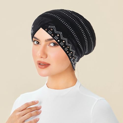 Rhinestone Hijab Turban Hats for Women Beanies Bandana Headwrap Cap Beanies Headwear Headscarf Undercap Turban Hat - color: Black