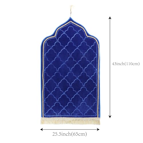 Muslim Prayer Rug Islamic Mat - Thick Large Padded Sajadah for Kids Men Women - Soft Velvet Prayer Rugs for Eid Travel Ramadan, Blue - color: Blue