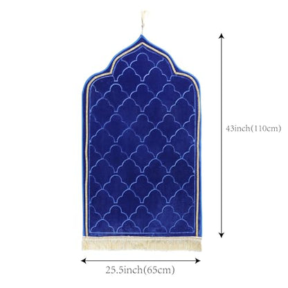 Muslim Prayer Rug Islamic Mat - Thick Large Padded Sajadah for Kids Men Women - Soft Velvet Prayer Rugs for Eid Travel Ramadan, Blue - color: Blue