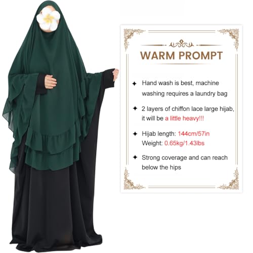 khalat Women's Hijab Chiffon Hijab for Women Muslim 2 Layers Ruffle Lightweight Large Hijab - color: Dark Green