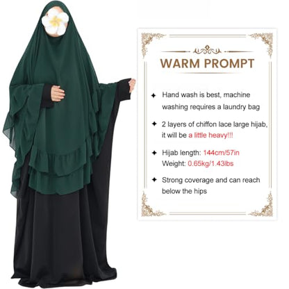 khalat Women's Hijab Chiffon Hijab for Women Muslim 2 Layers Ruffle Lightweight Large Hijab - color: Dark Green