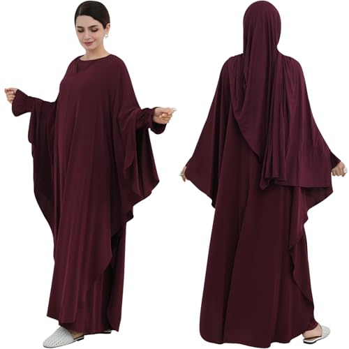 2PCS Women's Muslim Abaya Dress Lace Cuffs Islamic Dubai Prayer Robe Smooth Flowy Muslim Women Clothes - color: Wine Red, size: Medium