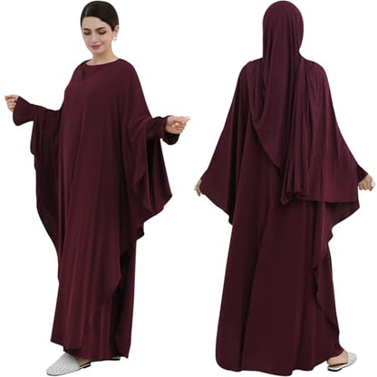 2PCS Women's Muslim Abaya Dress Lace Cuffs Islamic Dubai Prayer Robe Smooth Flowy Muslim Women Clothes - color: Wine Red, size: Medium