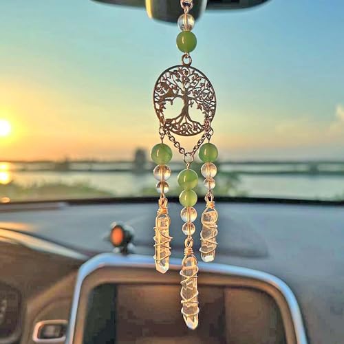 Hanging Car Charm, Handmade Car Mirror Hanging Accessories Rear View Mirror Decorations Crystals Stones Ornament Car Decor for Women Healing Crystal Accessories - Protection, Love, Energy (Money Tree) - color: Money Tree