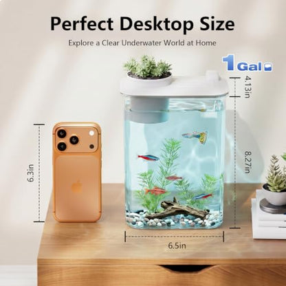1 Gallon Betta Fish Tank Aquarium Starter Kit with Light and Lid(White) | Premium Acrylic Aquarium with Light and Lid, Crystal Clear Starter Kit for Betta Fish, Shrimp, Snails and Small Fish - color: White, size: 1 Gallon