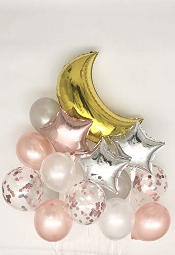 Sweet Moon 16 Piece Moon and Star Balloons Bouquet - Baby Shower, Birthday, Gender Reveal, Eid, and Ramadan Party Decoration (Rose Gold)