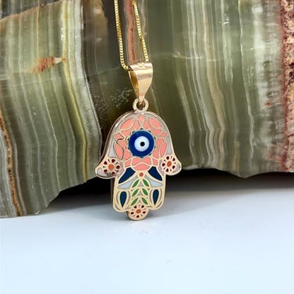 14K Solid Gold Pendant Necklace Hand-Painted Abstract Hamsa Hand and Allah Calligraphy (Evil Eye) - Gift for Men, Women, Daughter, Son, Unisex Adults, Kids - color: Orange Evil Eye in Hamsa Hand, style: Pendant w/ Cuban Link 18"