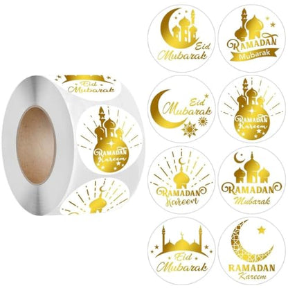 500pcs Ramadan Eid al-Fitr Round Stickers Roll, 1-inch Moon Star Mosque Dome Pattern Islamic Mubarak Decorations, Muslim Celebration Gift Wrap Seal Labels Golden - color: Golden