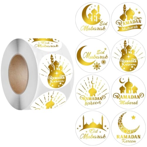 500pcs Ramadan Eid al-Fitr Round Stickers Roll, 1-inch Moon Star Mosque Dome Pattern Islamic Mubarak Decorations, Muslim Celebration Gift Wrap Seal Labels Golden - color: Golden