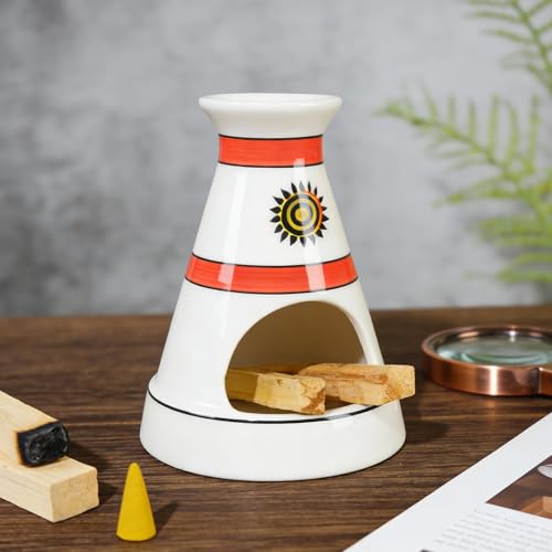 MOUGIGI Handcrafted Sun Totem Ceramic palo santo sticks holder with - Tent-Shape Mini chiminea for Sage, Incense Cones & Smudging Rituals -Thoughtful Gifts for Yoga, Meditation, Ash, Zen, Aromatherapy - color: Pulse Thread Palo
