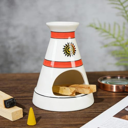 MOUGIGI Handcrafted Sun Totem Ceramic palo santo sticks holder with - Tent-Shape Mini chiminea for Sage, Incense Cones & Smudging Rituals -Thoughtful Gifts for Yoga, Meditation, Ash, Zen, Aromatherapy - color: Pulse Thread Palo