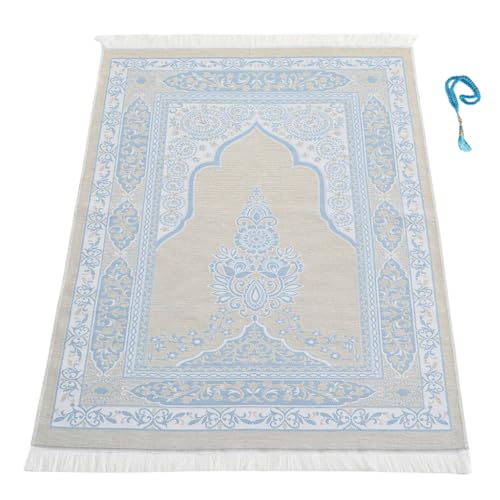Muslim Prayer Rug with Islam Prayer Beads - Travel Prayer Mat, Islamic Gifts for Women, Portable Prayer Matt Islam, Islamic Prayer Rug Islam Men Women, Praying Mat for Muslim Gifts, Blue - color: Blue