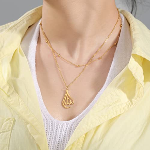 kkjoy Islamic Muslim Allah Layered Necklaces for Women Stainless Steel Water Drop Heart Shape Allah Necklace Lucky Islamic Jewelry