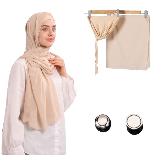 Jonglroy Muslim Chiffon Hijab magnets Head Scarf with Matching Tie Back Jersey Undercap - color: Khaki