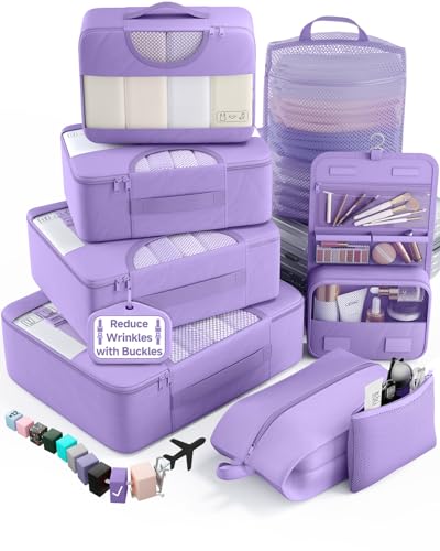 Veken 8 Set Packing Cubes for Travel Essentials,Anti-Wrinkle Buckled Suitcase Organizer for Shoe & Toiletry Bag,Carry On Luggage Bag with 99+ Count Mesh Holes for Airplane & College Dorm Accessories - color: 06 Attractive Purple