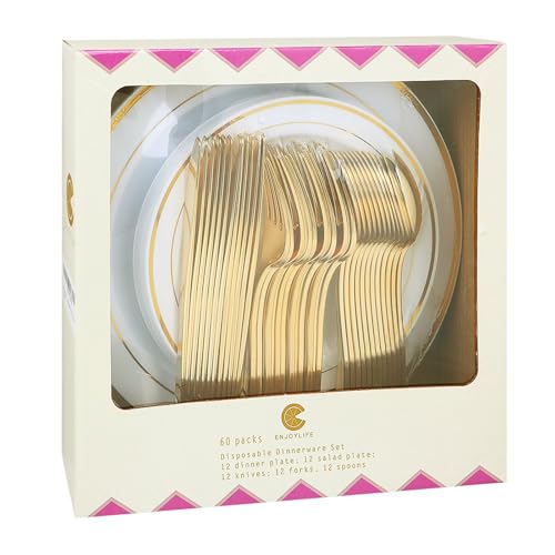 Supernal 60pcs Gold Plastic Dinnerware Set, Party Plates - color: 60pcs White and Gold Plastic Dinnerware set