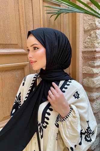 Instant Hijab Scarf for Women – Soft, No-Iron, No-Pins, Ready-to-Wear Hijab – Stretchy & Lightweight Polyester Fabric - color: C1 Black