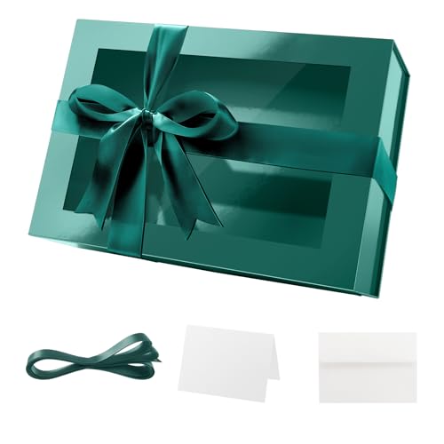 PACKQUEEN Large Green Magnetic Gift Box with Window, Ribbon 13.5x9x4.1 In - color: Green-13.5x9x4.1 Inches-Pack of 1