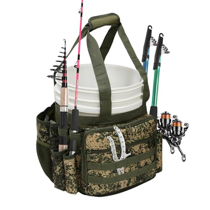 MYDAYS Fishing Bucket Organizer, Fishing Tackle Bag for Men, Rod and Tackle Boxes Holder Bag with Adjustable Buckle, Bucket Not Included (Green Camo)
