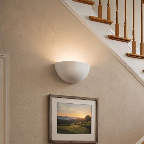 11" Paintable Plaster Wall Sconce Light, White Half Moon Wall Light Fixture with Indirect Uplight, Modern Indoor Wall Lighting Lamp, Wall Mount Hardwired, 1-Light E12 Bulb Not Included