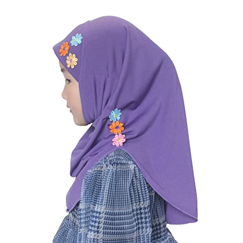Girls Instant Hijab – Soft Kids Muslim Scarf with Flower, Breathable One-Piece Headscarf for Toddlers Age 2-8 - color: Purple