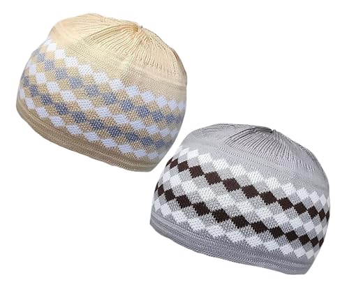 Set 2 PCS Muslim Beanies Kufi Hat for Men AMN-225B Skull Cap Islam Taqiyah Takke Eid Ramadan Gift - color: Color B