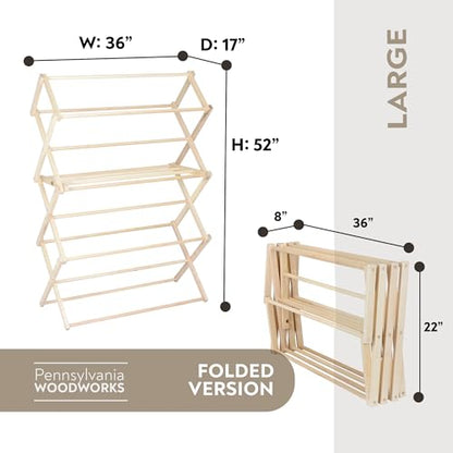 Pennsylvania Woodworks Clothes Drying Rack: Solid Maple Hard Wood Laundry Rack for Sweaters, Blouses, Lingerie & More, Durable Folding Drying Rack, Made in USA, No Assembly Needed, Large - color: Large