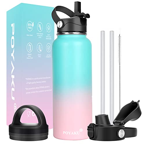 Water Bottle Insulated 32oz 40oz 64oz 128oz Straw Lid Spout Lid & 3 Lids, Leak Proof, Vacuum Insulated,Stainless Steel Water Bottle Wide Mouth for Sports, Gym or Office - color: Bubble Gum, size: 40 Ounces