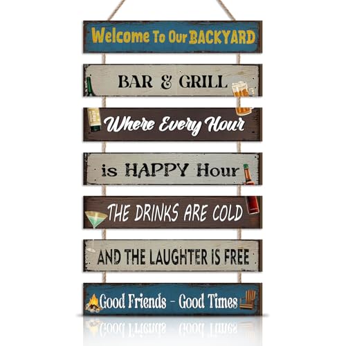 HPNIUB Welcome to Our Backyard Bar Signs, Outdoor Welcome Plaque for Porch Home Garden Patio Deck Wall Decor, Funny Rules Gift for Father’s Day Neighbors Friends Party, Summer Night Party Decorations - size: Welcome to our backyard