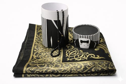 BABY SHOWER CHOCOLATE Islamic Prayer Rug & Tasbih Gift Set with Cylindrical Box – Muslim Sajadah Prayer Mat and Beads – Elegant Religious Gift for Men and Women (Groom Design – Black Tuxedo Box)
