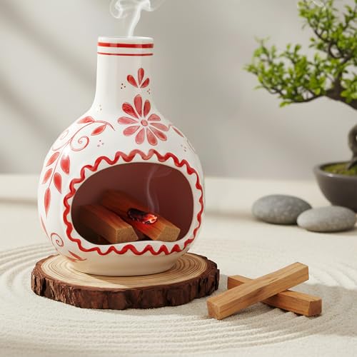 Ceramic Incense Holder–Handcrafted Palo Santo Holder with Chimney, Incense Burner with Ash Catcher for Sage, Cone Burning and Tealight, Perfect for Meditation, Yoga and Aromatherapy for Women - color: Red