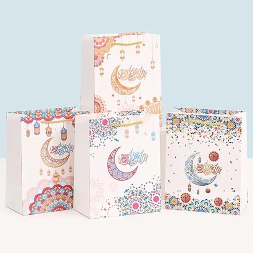 Sanfly Eid Mubarak Gift Bags 12pcs Ramadan Islamic-Themed Handheld Kraft Paper Bag Sweet Candy Bags for Arabian Eid Party
