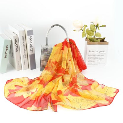 E-Clover Women Soft Floral Print Shawl Chiffon Sheer Scarf - color: Red Orange Leaves
