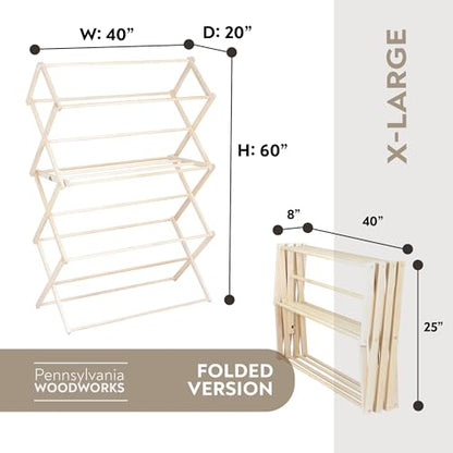 Pennsylvania Woodworks Clothes Drying Rack: Solid Maple Hardwood Laundry Rack for Bedding, Blankets, Towels & More, Heavy Duty, Folding Drying Rack Made in USA, No Assembly Needed, Extra Large - color: X-large