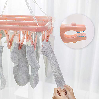 SteelFever Clothes Drying Hanger with 32 Clips, Foldable Hanging Drying Rack for Clothes Underwear Socks (Light Pink) - color: Light Pink