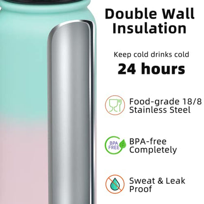 Fanhaw 40 oz Insulated Stainless Steel Water Bottle with Chug Lid, Leakproof & Sweat-Free Extra-Large Metal Bottle for Outdoor, Hiking & Gym (Green Pink) - color: Green Pink, style: 40 Ounces