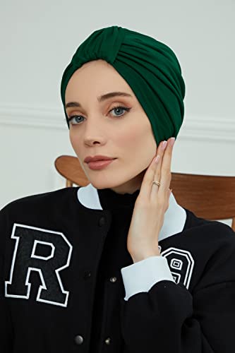 Aisha's Design Instant Turban Plain Cotton Scarf Head Wrap Lightweight Hat Bonnet Cap for Women - color: Dark Green