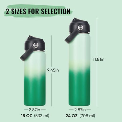 Fijinhom 18oz Insulated Stainless Steel Water Bottle, Wide Mouth Double Wall Vacuum, Silicone Straw, Sweat & Leak Proof, BPA Free Insulated Water Flask for Travel, Green Gradient - color: Green Gradient, size: 18 Ounces