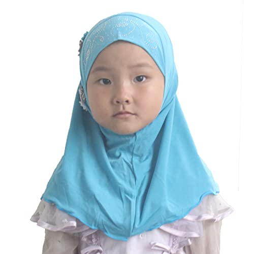 Instant Hijab for Kids Girls Hijabs Muslim Islamic Head Scarf with Rhinestone and Flowers - color: Sky Blue