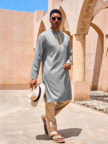 Yousify Mens Kaftan Thobe Casual Henley Shirts - color: Grey, size: X-Large