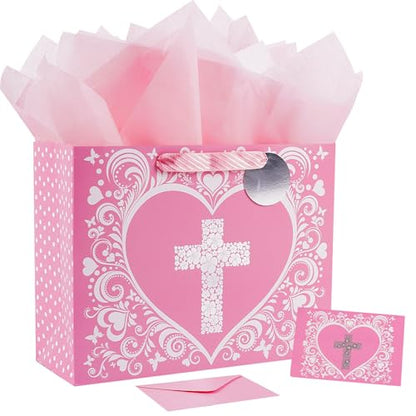 JWSCYSY 15.7" Extra Large Pink Gift Bag with Metallic Silver Floral Cross Design, Card and Tissue Paper for Baby Girl Baptisms, Christenings, First Communions Religious - color: Pink 15.7"