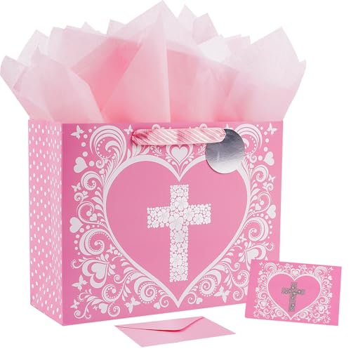 JWSCYSY 15.7" Extra Large Pink Gift Bag with Metallic Silver Floral Cross Design, Card and Tissue Paper for Baby Girl Baptisms, Christenings, First Communions Religious - color: Pink 15.7"