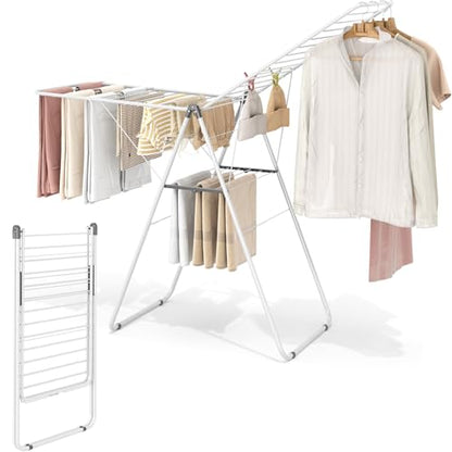 KINGBOARD Clothes Drying Rack Foldable, Metal Drying Rack Clothing with Height-Adjustable, Laundry Rack, Indoor Outdoor Use, No Assembly, 20.47"x 70"x 42.52", White - color: White