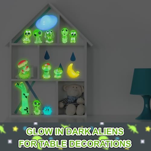 Civaner 13 Pcs Alien Decor Glow in Dark Mini Alien Betta Fish Tank Decoration Fairy Garden Accessories Scary Decor Miniature Accessories Tree Elves for Garden Aquarium Dollhouse Table