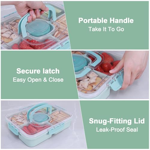 Large Snackle Box Container with Dip Container, 5 Compartments Snack Container with Lid and Handle, Veggie Fruit Divided Serving Tray for Party, Picnic, Dishwasher Safe, BPA-Free - color: Green